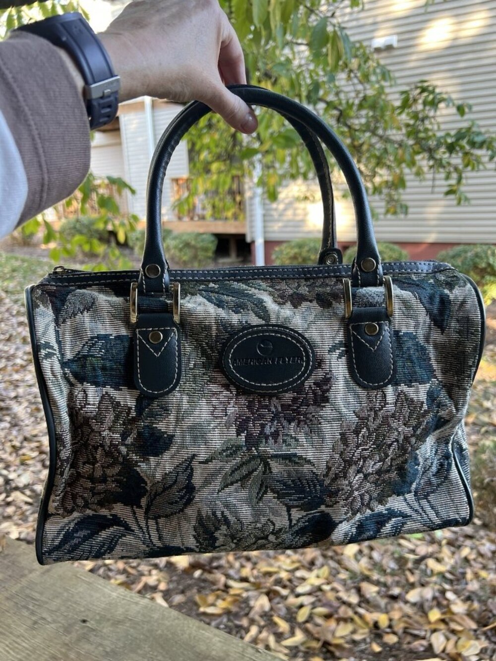 Vintage 90s American Flyer green brown brocade satchel travel coastal grandma